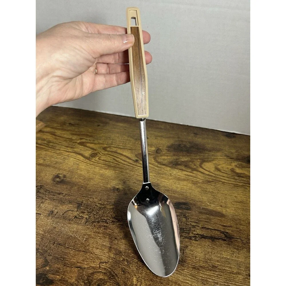 Vintage Stainless Serving Spoon Faux Wood Handle Mid Century 12” Kitchen Japan